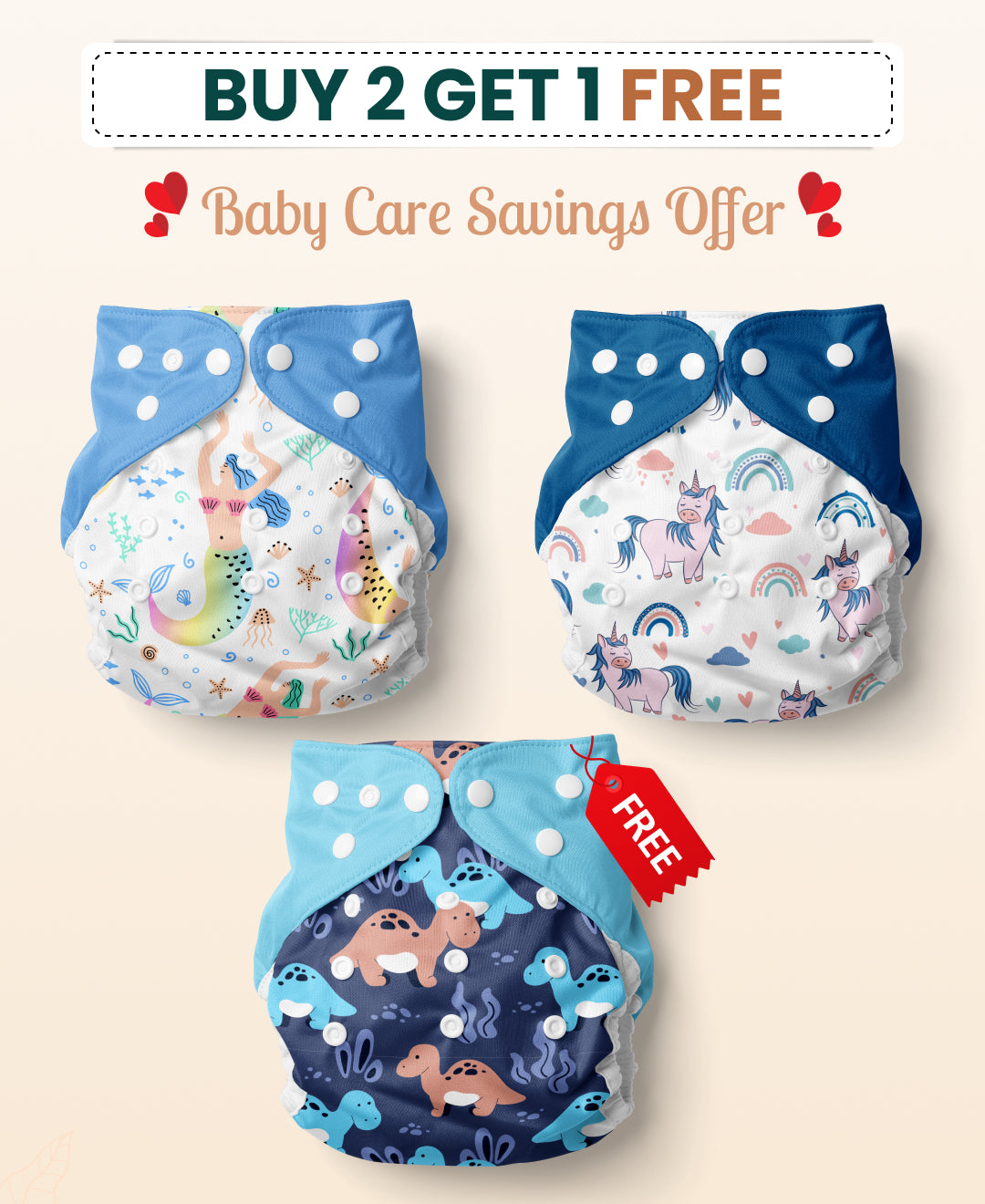 Buy 2 Washable Cloth Diapers Get 1 Free | With Inserts | Pack of 3