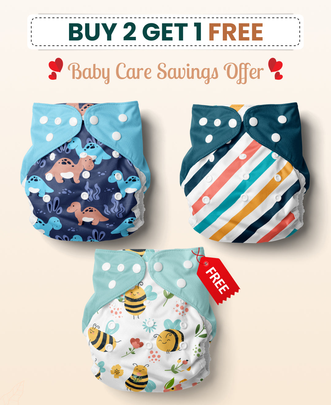 Buy 2 Washable Cloth Diapers Get 1 Free | With Inserts | Pack of 3