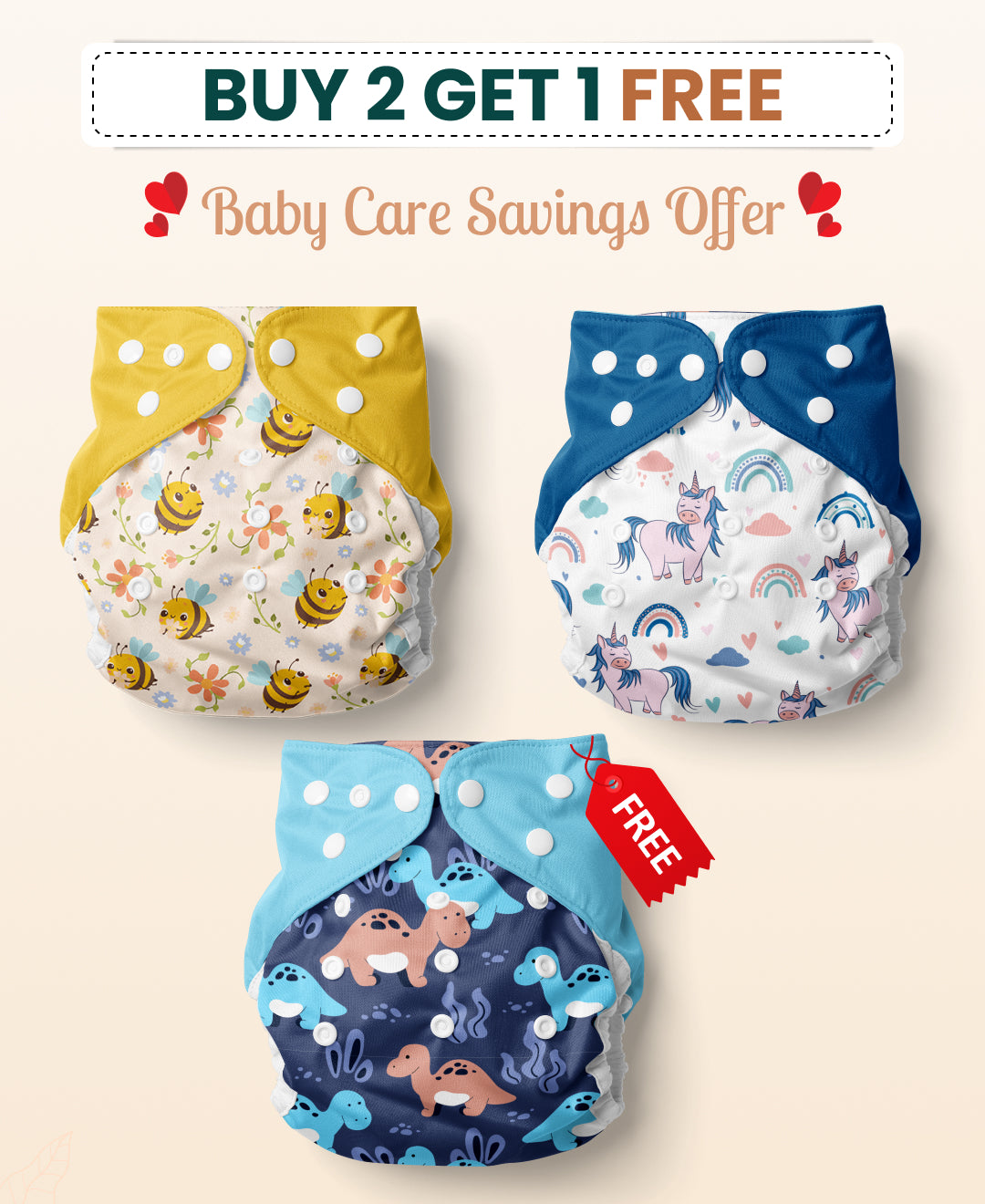 Buy 2 Washable Cloth Diapers Get 1 Free | With Inserts | Pack of 3